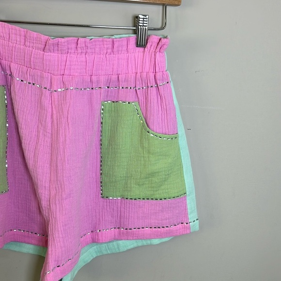 QUEEN OF SPARKLE Rhinestone Gauze Short Pink Green Pockets Pull On Sz S - Picture 6 of 11